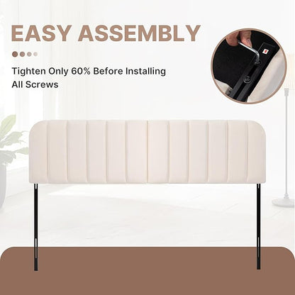 Upholstered Headboard - Striped Interval - Adjustable Height - Metal Legs - Bed Frame (Beige, Queen (U.S. Standard))