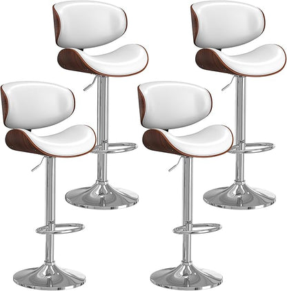 Bar Stools Set of 4, Bar Stools for Kitchen Island with Bentwood Back and Leather Seat, Swivel Barstools for Kitchen Counter, Bar, White