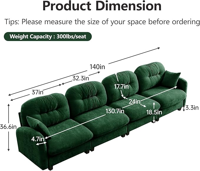 140" 4 Seater Couch for Living Room, Comfy Chenille Fabric Cloud Sectional Couch, Modern Upholstered Deep Seat Sofa with Armrest Pillow, Oversized Sectional Sofa, Green