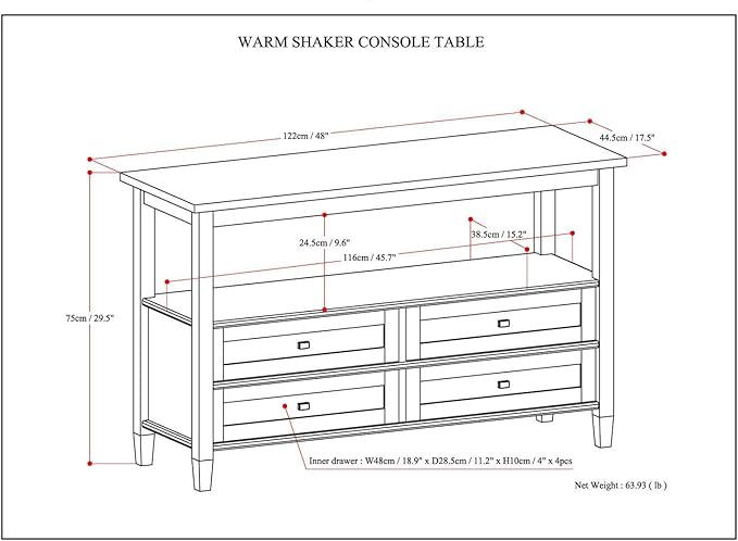SIMPLIHOME Warm Shaker Console Table - 48 Inch Wide Solid Wood Sofa Table in Light Golden Brown, Transitional Storage for Living Room with 4 Drawers, Open Shelf, and Brushed Nickel Knobs