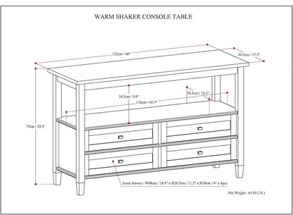 SIMPLIHOME Warm Shaker Console Table - 48 Inch Wide Solid Wood Sofa Table in Light Golden Brown, Transitional Storage for Living Room with 4 Drawers, Open Shelf, and Brushed Nickel Knobs