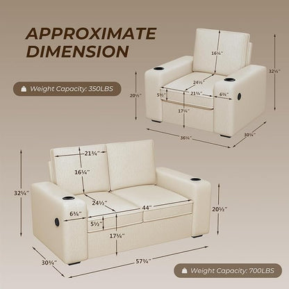 Furnimart 4-Seater Sectional Sofa and Couch Set Teddy Fabric, Loveseat & 2PC Chairs with USB Charger and Cup Holder, Small Living Room Furniture Set for Apartment, Tiny Homes and Lofts, 3PC-Beige