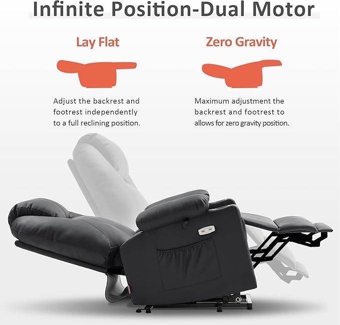 MCombo Dual Motor Large Power Lift Recliner Chair for Elderly, Lay Flat Lift Chair with Heat and Massage, Big Lift Recliner for Tall People, Faux Leather 7815 (Black, Large)