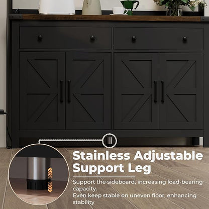 Hutch Storage Cabinet Buffet with Drawers, and Charging Station, Coffee Bar Cabinet with Barn Doors, Wine Rack and Hooks, Countertop, Long Farmhouse, Black, for Kitchen, Dining Room, 54.1" High