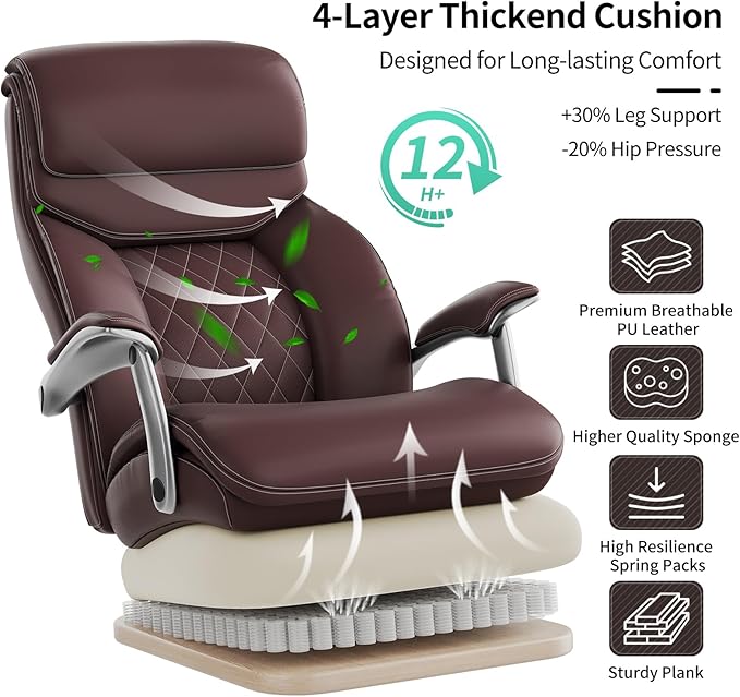 Big and Tall Office Chair with Wide Area Armrest, 600lbs Heavy Duty Desk Chair with Adjustable Lumbar Support, PU Leather High Back Ergonomic Executive Computer Chair with 3'' Silent Casters