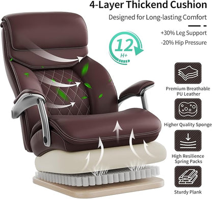 Big and Tall Office Chair with Wide Area Armrest, 600lbs Heavy Duty Desk Chair with Adjustable Lumbar Support, PU Leather High Back Ergonomic Executive Computer Chair with 3'' Silent Casters