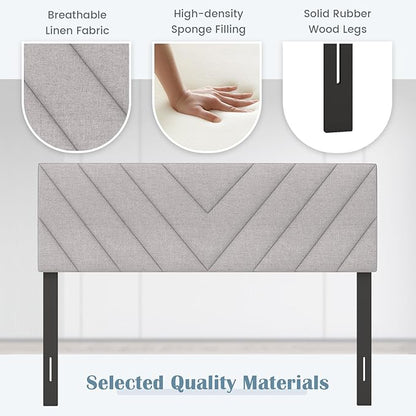 KOMFOTT Linen Fabric Upholstered Headboard for Full/Queen Size Bed, Rectangular Headboard with Solid Wood Legs & Adjustable Width, Padded Full/Queen Bed Headboard, Easy Assembly, Gray