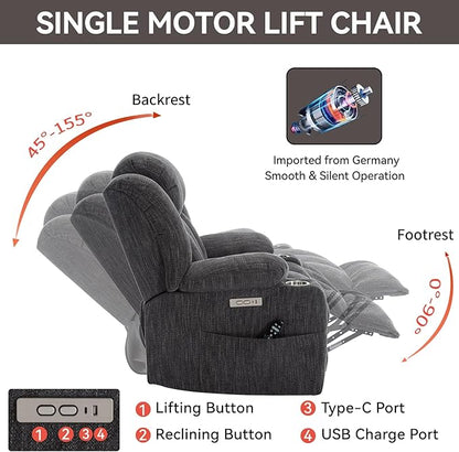 Power Lift Recliner Chair, 350lb Capacity with 8-Point Massage & Heating, USB/Type-C Ports & Cup Holders, Heavy Duty Chenille Recliner for Elderly, Grey