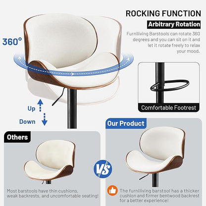 Furniliving Bar Stools Set of 4, Adjustable Height Swivel Bentwood Barstools, Upholstered Bar Chairs with Footrest, Ergonomic Modern Bar Stools for Dining Room, Kitchen, Bar, White, PU