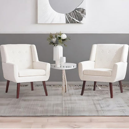 HUIMO Upholstered Accent Chairs Set of 2,Button-Tufted Reading Comfy Living Room Chair with Wooden Legs,Mid Century Modern Chair with Linen Fabric,Club Chair Comfy Arm Chairs for Bedroom,Beige