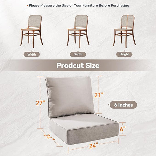 Luxury 6" Outdoor Cushions for Patio Furniture, 24x24x6" Thick Seat Cushion Set of 7, Fade Resistant Couch Chair Replacement Cushions High Density Deep Wicker Chair Cushion w/ Removable Cover, Beige