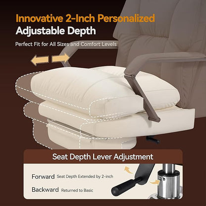Reclining Office Chair with Footrest - 25.6" Wide Seat & Adjustable Seat Depth, Big and Tall High Back Leather Executive Home Office Desk Chair 400lbs, Cream