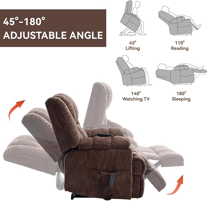 Power Lift Recliner Chair for Elderly, Oversized Chenille Electric Recliners Chairs for Living Room, Dual Motor 180° Lay Flat Recliner Big Sofa with Massage and Heating, Heavy-Duty, Brown