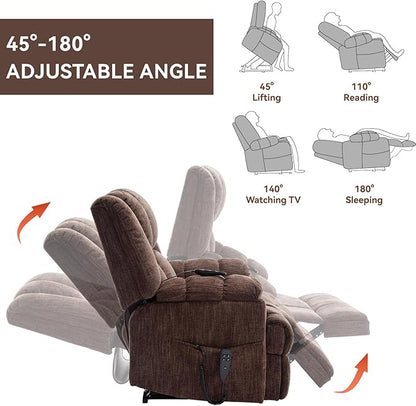 Power Lift Recliner Chair for Elderly, Oversized Chenille Electric Recliners Chairs for Living Room, Dual Motor 180° Lay Flat Recliner Big Sofa with Massage and Heating, Heavy-Duty, Brown