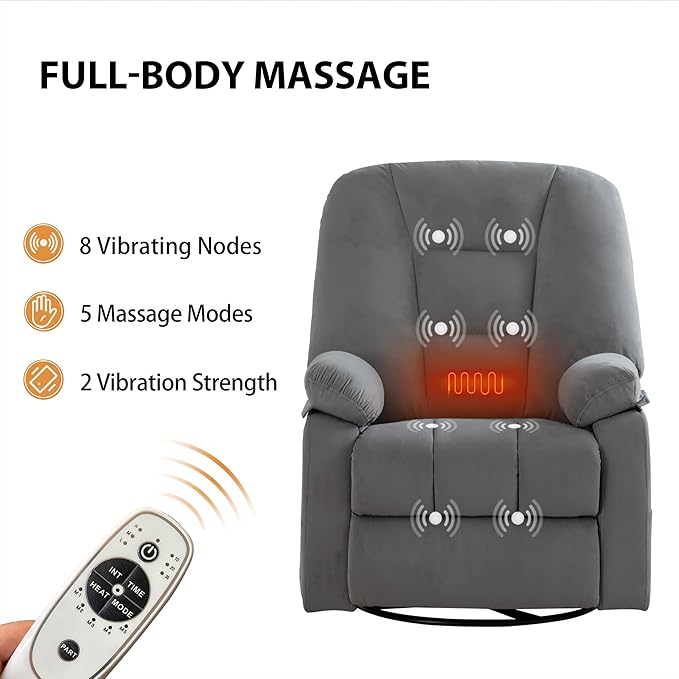 Power Swivel Rocker Recliner with Massage and Heat, USB and Type-C Port, Infinite Position, Electric Glider Rocking Chairs Living Room, Soft Fabric Reclining Sofa Chair (Velvet Grey)