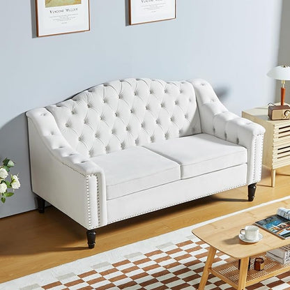 LEVNARY Chesterfield Loveseat Velvet, Upholstered Sofa with Button-Tufted Back, Mid-Century Modern Sofa with Solid Wood Legs, 2 Seater Couches for Living Room (White)