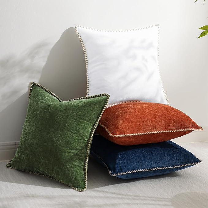 decorUhome Christmas Chenille Soft Throw Pillow Covers 18x18 Set of 2, Farmhouse Velvet Neutral Decorative Euro Fall Pillow Covers with Stitched Edge for Couch Sofa Bed Home Decor, Forest Elf