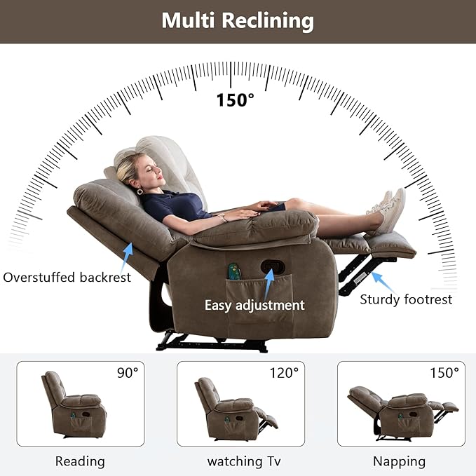 ANJHOME Massage Recliner Chairs with Heat and Vibration,Overstuffed Manual Rocking Reclining Chair for Living Room Bedroom (Brown)