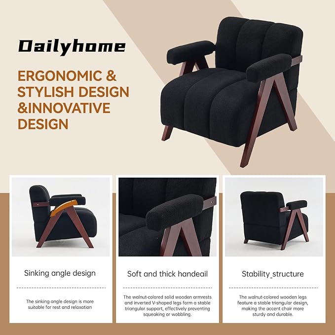 Accent Chair with Wide Seat, Anthropologie Living Room Chair with Wide Armrest, Pottery Barn Accent Chair Bedroom Chair with Thick Cushion, Comfy Teddy Tufted Side Chair for Lounge, Black