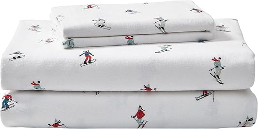 Eddie Bauer - Flannel Sheets Queen Size, Anti-Pilling & Wrinkle Resistant Cotton, Touchably Soft for All-Season Comfort - Bed Sheets with Matching Pillowcases & Fitted Sheet (Ski Slope White)