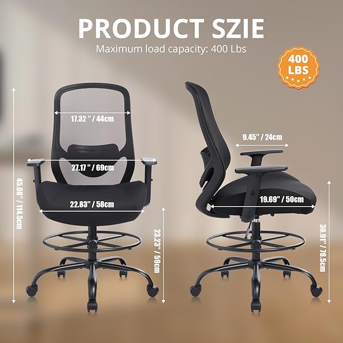 HYLONE 400lbs Drafting Chair,Adjustable High Back Computer Office Chair with Lumbar Support Standing Desk Chair Heavy Duty Big Tall Drafting Stool for Artists with Adjustable Footrest