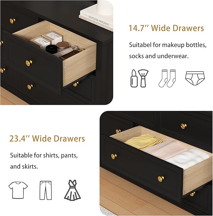 LYNSOM Black Dresser for Bedroom with 7 Drawers, Modern Wide Chest of Storage Drawer with Gold Handles, TV Stand Dresser, Wood Dressers for Bedroom, Living Room, Hallway, Entryway, 55’’