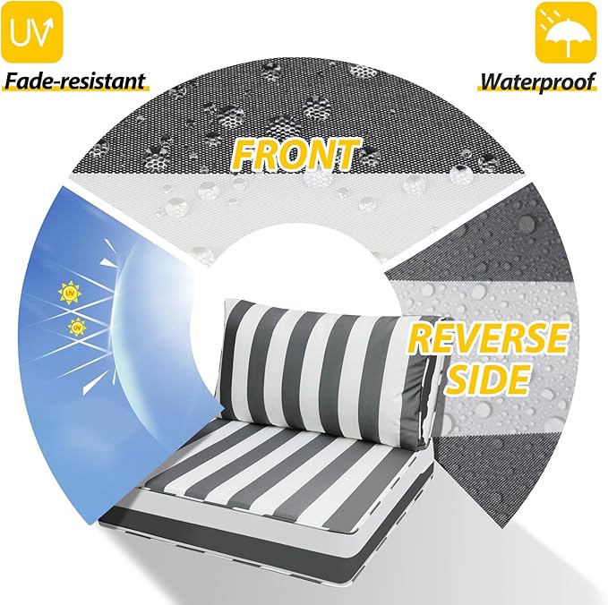AAAAAcessories Outdoor Deep Seat Cushions, Waterproof, Fade-Resistant Patio Furniture Replacement Cushions, 24" x 24" x 5" + 24" x 13.5", Set of 4, Gray Cabana Stripe