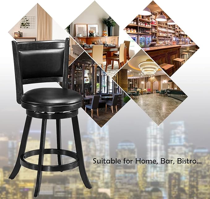 COSTWAY Bar Stools Set of 2, 360 Degree Swivel, Accent Wooden Swivel Back Counter Height Bar Stool, Fabric Upholstered Design, PVC Cushioned Seat (2 stools, Black 24'' Height)