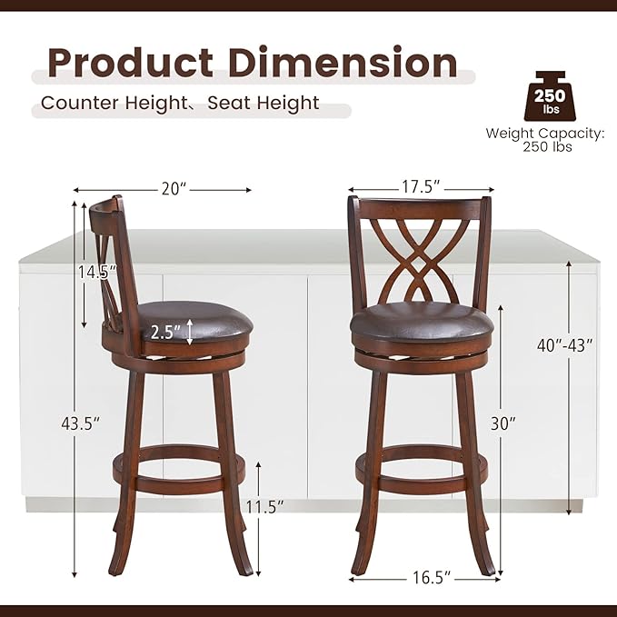 COSTWAY Bar Stools Set of 2, 360° Swivel Chairs with Rubber Wood Frame, 30-Inch PU Leather Cushioned Seat and Footrests, for Kitchen Island, Dining Room, Bar (Brown-30 inches, 2 stools)