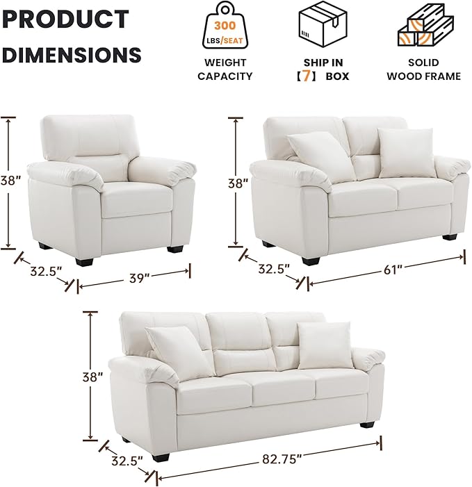 Morden Fort Faux Leather Chair, Loveseat and 3 Seater Sofa Set, Modern Luxury Furniture with Removable and Easy to Clean Cushions, Skin-Friendly Wide Arm for Living Room Apartment Office, White