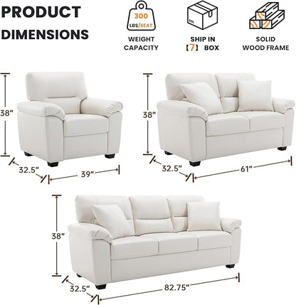 Morden Fort Faux Leather Chair, Loveseat and 3 Seater Sofa Set, Modern Luxury Furniture with Removable and Easy to Clean Cushions, Skin-Friendly Wide Arm for Living Room Apartment Office, White