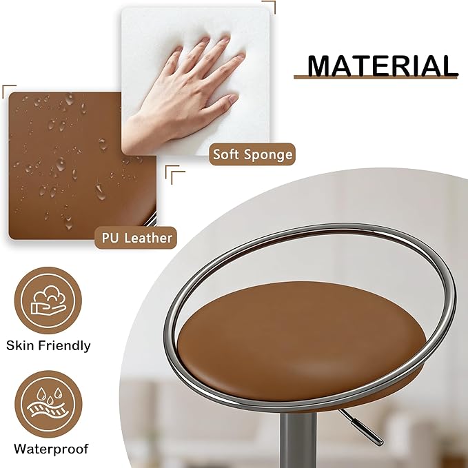 Bar Stools Set of 2, Adjustable Swivel Counter Height Barstools with Upholstered Seat, PU Leather Counter Stools for Bar, Kitchen Island, Dining Room, Gloss Black