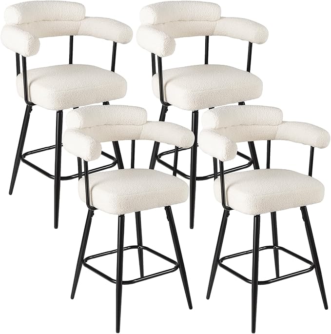 COSTWAY Counter Height Bar Stools Set of 4, 27" Swivel Modern Upholstered Counter Chairs with Boucle Fabric, Curved Backrests & Metal Legs, for Kitchen Island, Home, Pub (4, White + Black)