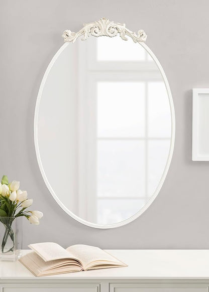 Kate and Laurel Arendahl Traditional Vertical Oval Wall Mirror, 24 x 36, Antique White, Vintage Glam Baroque-Inspired Round Bathroom Vanity Mirror with Ornate Crown