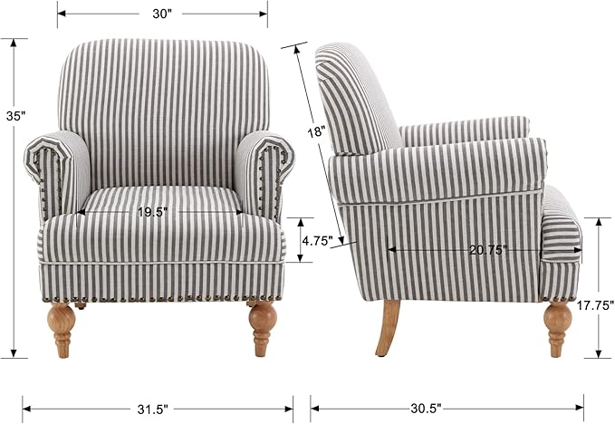 Linen Accent Chair Mid-Century Modern Living Room Armchair with Nailhead Trim & Wood Legs Comfy Upholstered Single Sofa Chair for Lounge/Bedroom/Reception, Black Stripe
