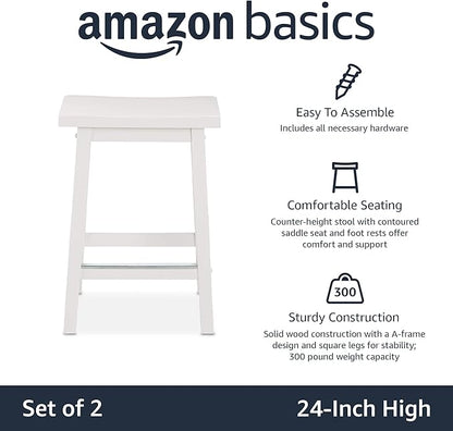 Amazon Basics Solid Wood Saddle-Seat Kitchen Counter Barstool with Footrest, Easy Assembly - 24-Inch Height - White - Set of 2