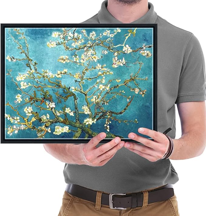 Wieco Art Framed Art Almond Blossom Floral Canvas Prints of Van Gogh Famous Oil Paintings Reproduction Flowers Pictures on Canvas Wall Art for Living Room Home Decorations Black