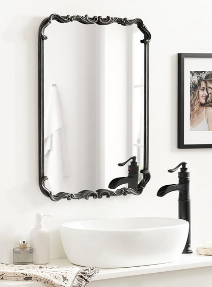 Kate and Laurel Traditional Rounded Rectangle Ornate Mirror; 20 x 27; Black; Ornamental Round Rectangular Classic Framed Wall Mirror for Bathroom Vanity or Fireplace Mantel