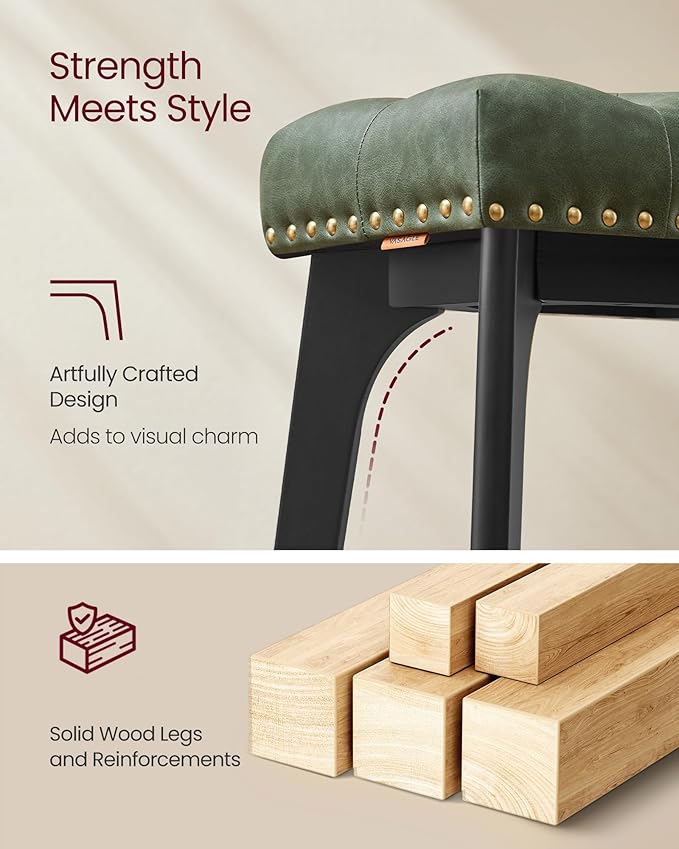 VASAGLE Bar Stools Set of 4, Saddle Counter Height Bar Stools, 26-Inch Backless Kitchen Stools with Wood Legs, PU Leather Thickened Upholstered Barstools for Kitchen Island Dining Room, Forest Green