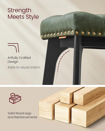 VASAGLE Bar Stools Set of 4, Saddle Counter Height Bar Stools, 26-Inch Backless Kitchen Stools with Wood Legs, PU Leather Thickened Upholstered Barstools for Kitchen Island Dining Room, Forest Green