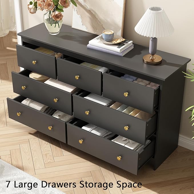 Black Dresser for Bedroom, 7 Drawer Dresser with Metal Handles, 55 Inch Wide Wood Chest for Living Room, Hallway