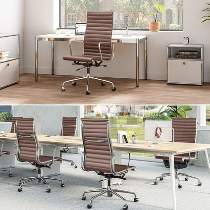 Ribbed Office Chair Top Grain Leather Desk Chair High Back Genuine Leather Swivel Chairs with Aluminum Alloy Arms & Base, with Silent Nylon Wheels, High Adjustable and Tilting Function, Brown