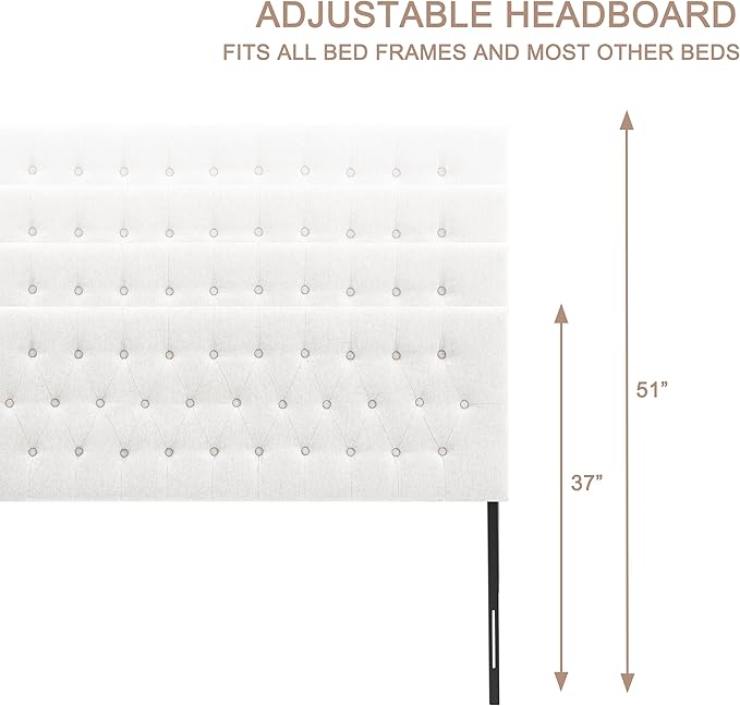 Tufted Upholstered Headboard California King Size, Solid Wood Head Board with Durable Metal Legs, Adjustable Height Bed headboard from 37” to 51” Fabric Headboard in Button Design, White
