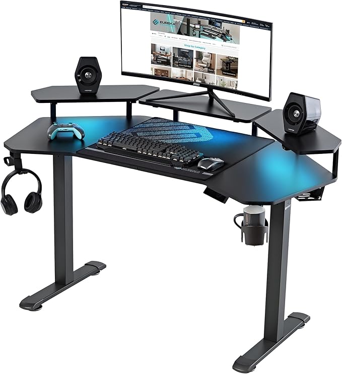 EUREKA ERGONOMIC Aero 55 Inch W Shaped Electric Standing Desk, Height Adjustable Computer Gaming Desk with LED Monitor Shelf, Mouse Pad, Headphone Hook, Cup Holder, Carbon Black