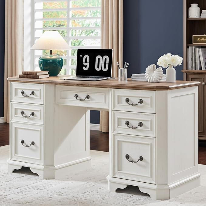 RedLemon 60" Executive Desk with Drawers,Wood Home Office Desk, Featuring Keyboard Tray,Charging Station,File Drawer, Storage Cabinet,for Work and Study (Antique White)