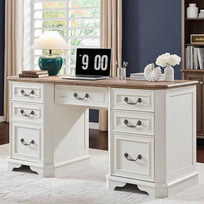 RedLemon 60" Executive Desk with Drawers,Wood Home Office Desk, Featuring Keyboard Tray,Charging Station,File Drawer, Storage Cabinet,for Work and Study (Antique White)