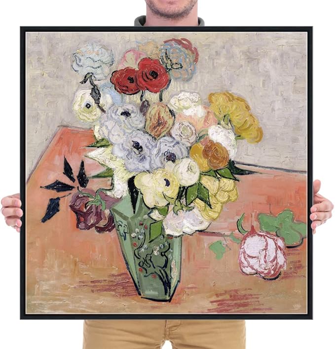 Wieco Art Framed Wall Art Japanese Vase with Roses and Anemones by Vincent Van Gogh Oil Paintings Reproduction Artwork Flowers on Canvas Wall Art for Home and office Decorations