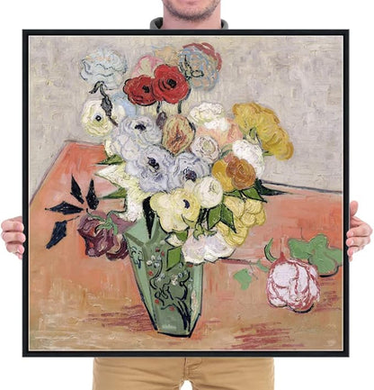 Wieco Art Framed Wall Art Japanese Vase with Roses and Anemones by Vincent Van Gogh Oil Paintings Reproduction Artwork Flowers on Canvas Wall Art for Home and office Decorations