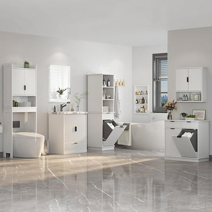 Bathroom Over The Toilet Storage Cabinet,Farmhouse Over The Toilet Storage with 2 Wave-Pattern Doors and Open Storage Shelf,Space Saver Behind Toilet Bathroom Organizer for Restroom/Laundry