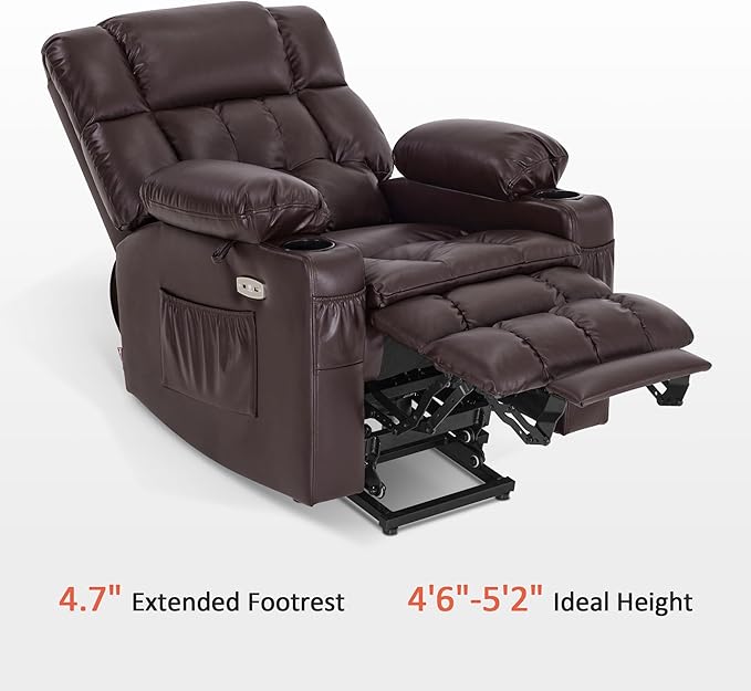 MCombo Dual Motor Small Power Lift Recliner Chair for Elderly, Lay Flat Lift Chair with Heat and Massage, Petite Lift Chair, Cup Holders, Faux Leather 7893 (Dark Brown, Small)